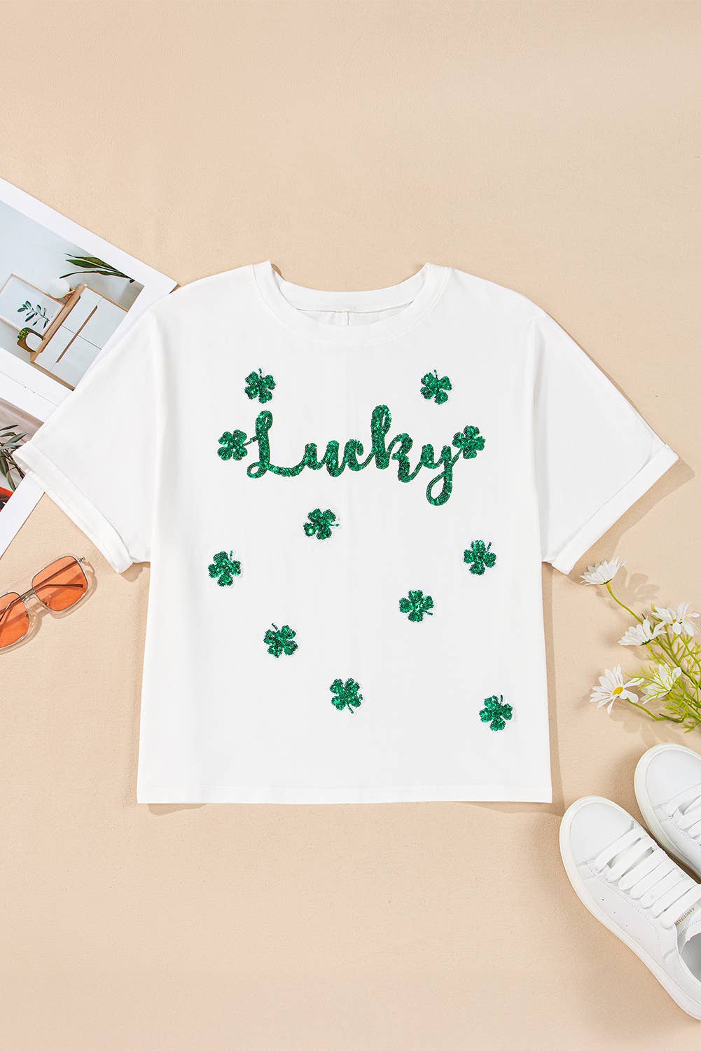 Lucky Clover St Patrick Sequin Graphic T-shirt